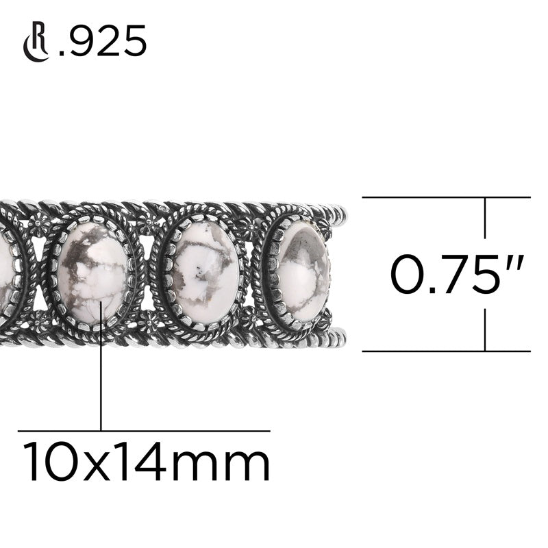 Sterling Silver White Howlite 5-Stone Cuff Bracelet, Sizes Small to Large