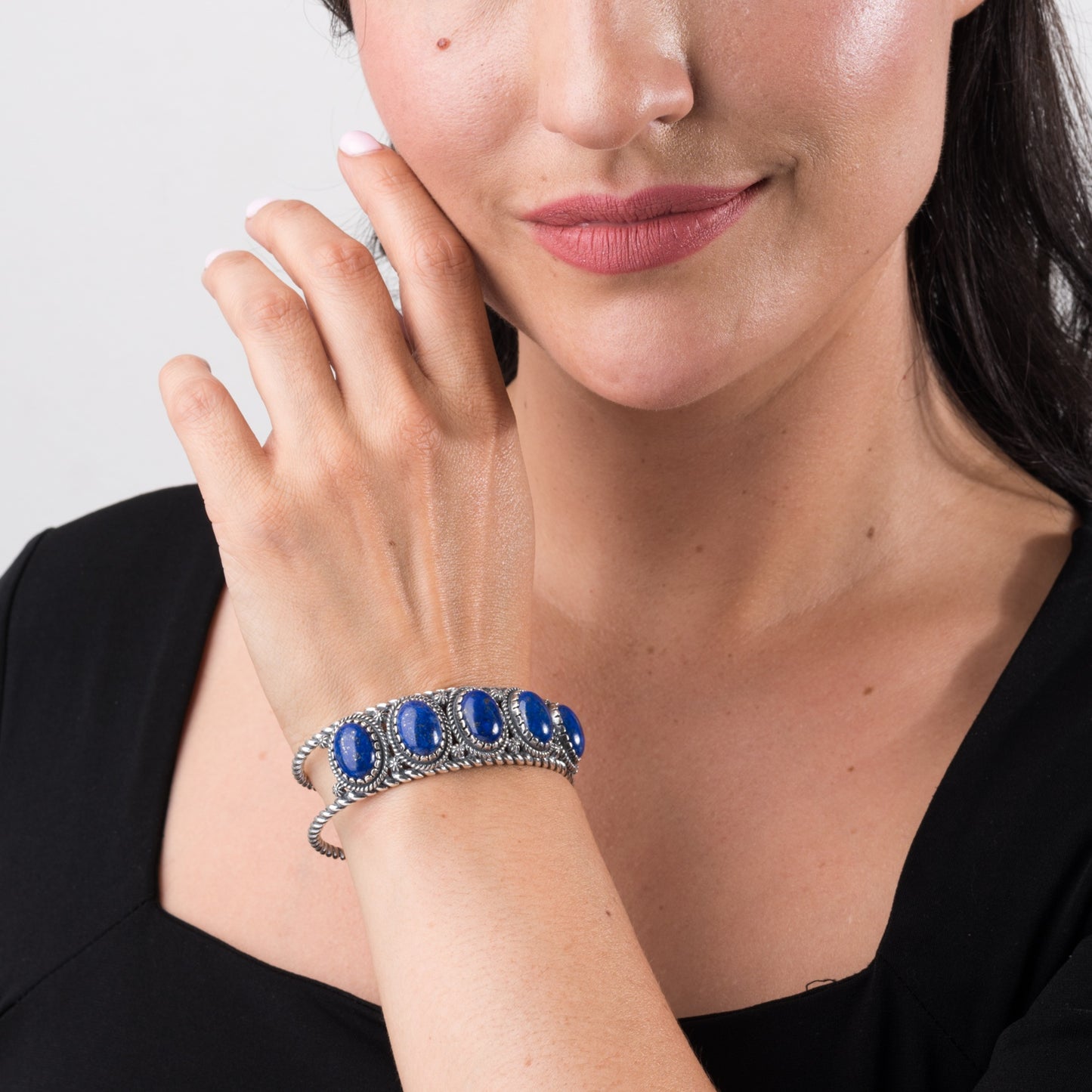 Sterling Silver Lapis Lazuli Gemstone 5-Stone Cuff Bracelet Size S, M or L
