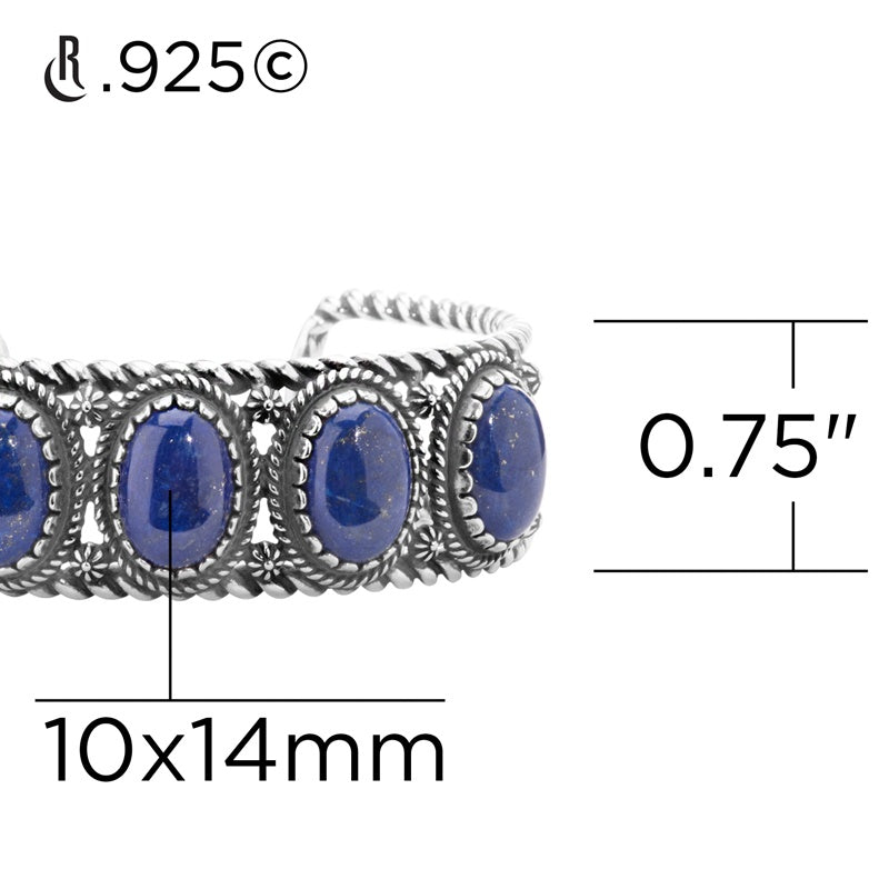Sterling Silver Lapis Lazuli Gemstone 5-Stone Cuff Bracelet Size S, M or L