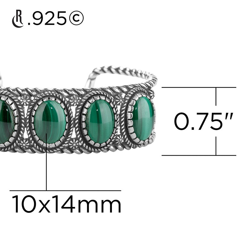 Sterling Silver Green Malachite 5-Stone Cuff Bracelet, Sizes Small to Large