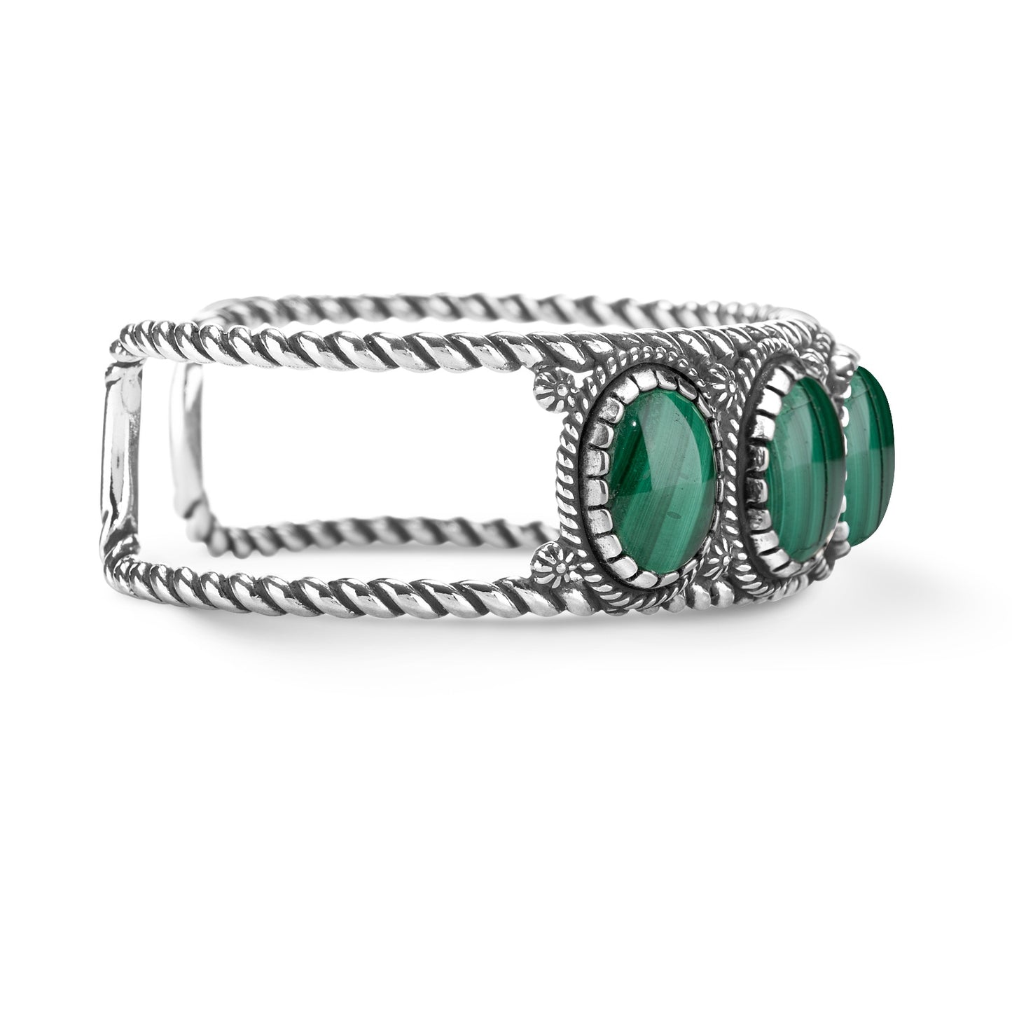 Sterling Silver Green Malachite 5-Stone Cuff Bracelet, Sizes Small to Large