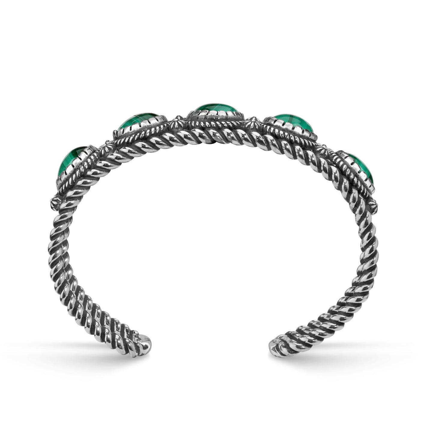Sterling Silver Green Malachite 5-Stone Cuff Bracelet, Sizes Small to Large