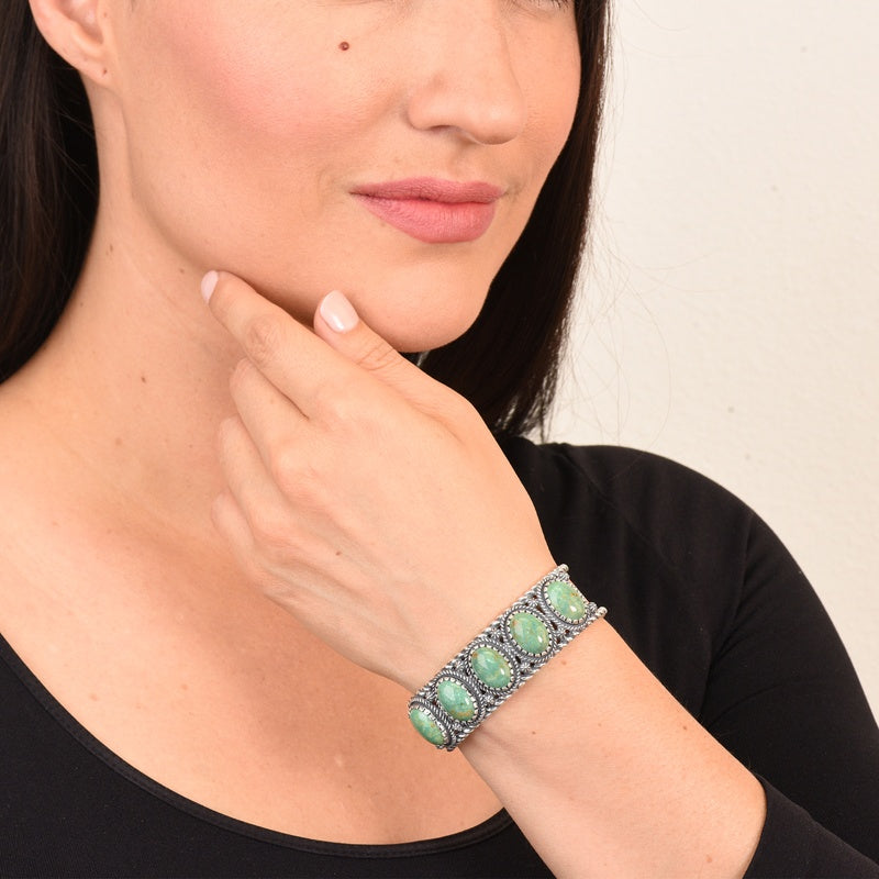 Sterling Silver Green Turquoise 5-Stone Cuff Bracelet Size S, M or L