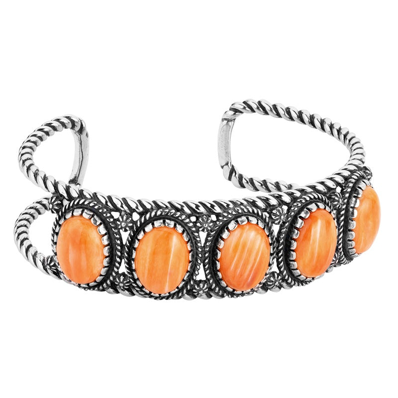Sterling Silver Orange Spiny Oyster 5-Stone Cuff Bracelet, Sizes Small to Large