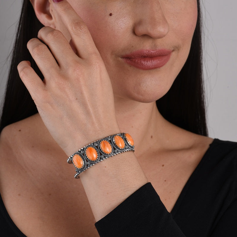 Sterling Silver Orange Spiny Oyster 5-Stone Cuff Bracelet, Sizes Small to Large