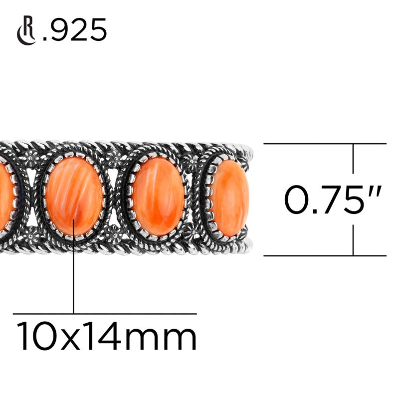 Sterling Silver Orange Spiny Oyster 5-Stone Cuff Bracelet, Sizes Small to Large