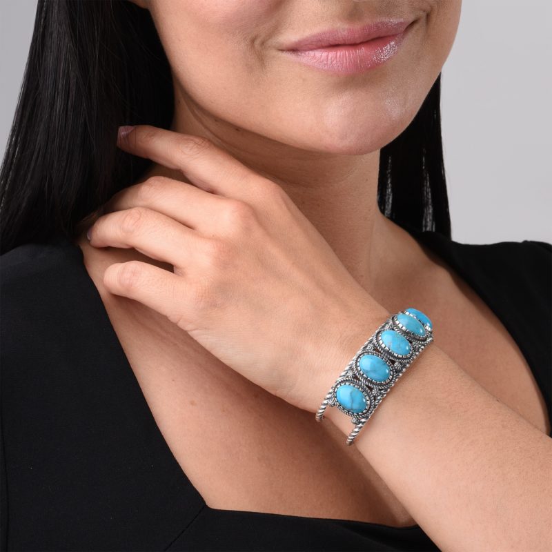 Sterling Silver Kingman Turquoise 5-Stone Cuff Bracelet, Sizes Small to Large