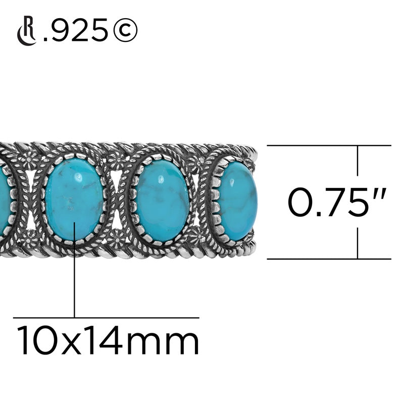 Sterling Silver Kingman Turquoise 5-Stone Cuff Bracelet, Sizes Small to Large