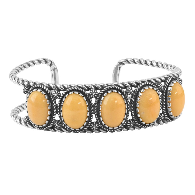 Sterling Silver Yellow Jasper Gemstone 5-Stone Cuff Bracelet. Sizes Small to Large