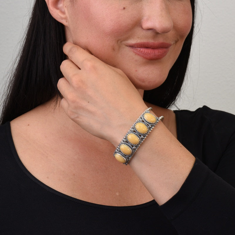 Sterling Silver Yellow Jasper Gemstone 5-Stone Cuff Bracelet. Sizes Small to Large