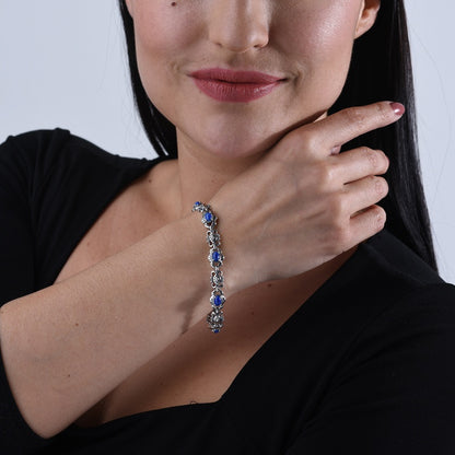 Sterling Silver Blue Denim Lapis Gemstone Concho Link Bracelet Size S, M or L