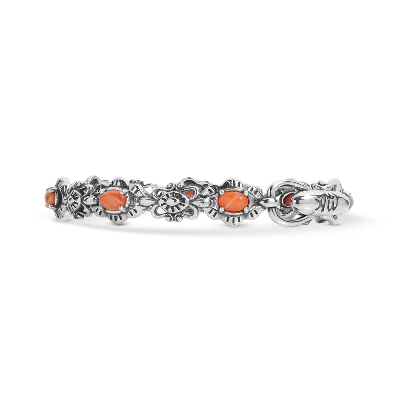 Sterling Silver Orange Spiny Oyster Santa Fe Concha Link Bracelet, Sizes Small to Large