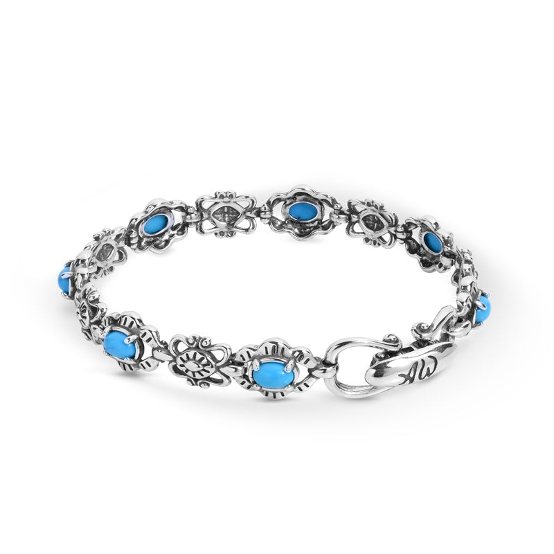 Sterling Silver Blue Turquoise Gemstone Concha Link Bracelet Size S, M or L