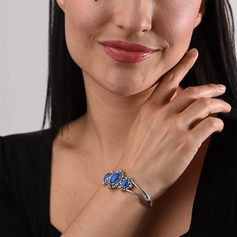 Sterling Silver Lapis Three-Stone Oval Gemstone Cuff Bracelet, Sizes Small to Large
