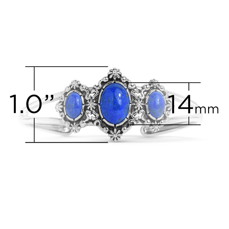 Sterling Silver Lapis Three-Stone Oval Gemstone Cuff Bracelet, Sizes Small to Large