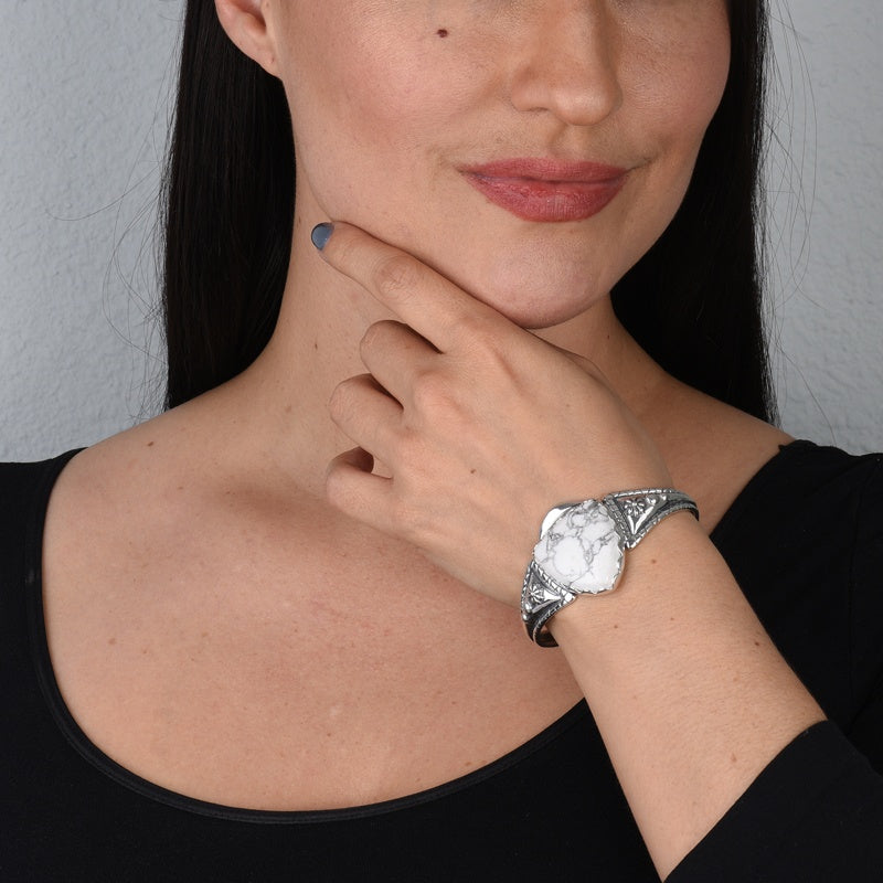 Sterling Silver White Howlite Arrowhead Cuff Bracelet, Sizes Small to Large
