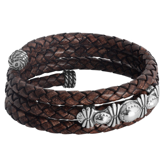 Sterling Silver Red Brown Braided Leather Coil Wrap Bracelet One Size Fits Most