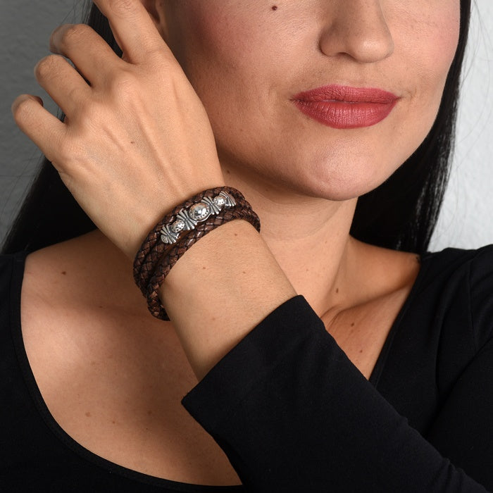 Sterling Silver Brown Braided Leather Coil Wrap Bracelet, One Size Fits Most