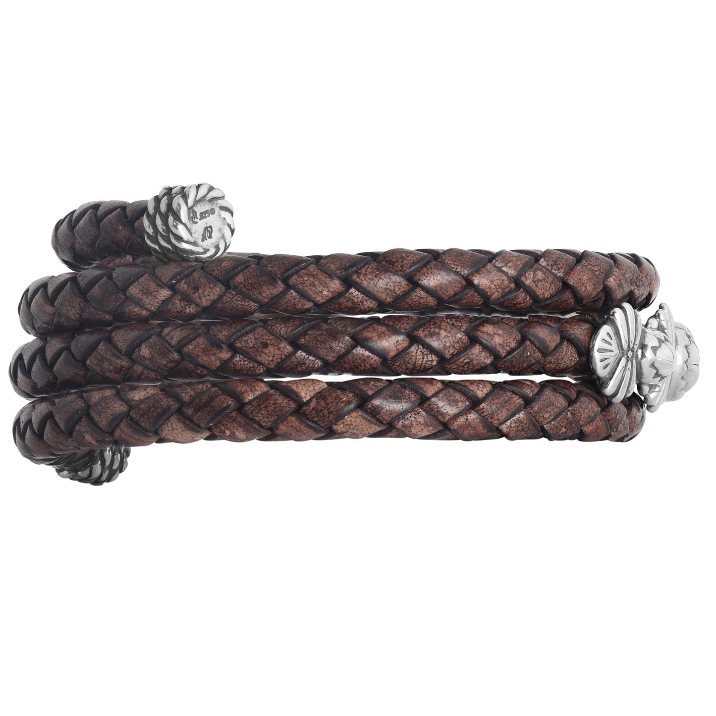 Sterling Silver Brown Braided Leather Coil Wrap Bracelet, One Size Fits Most