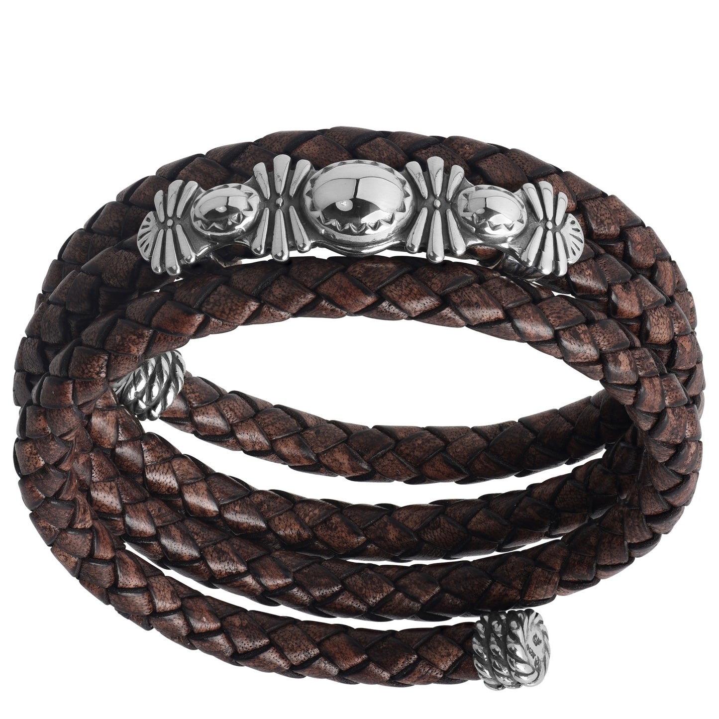 Sterling Silver Brown Braided Leather Coil Wrap Bracelet, One Size Fits Most