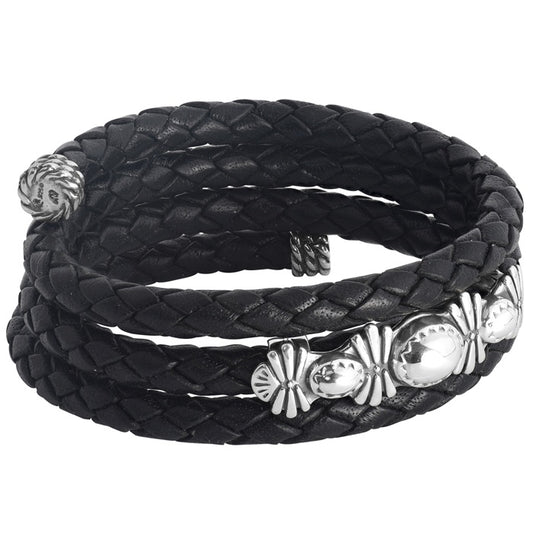 Sterling Silver Black Braided Leather Coil Wrap Bracelet One Size Fits Most