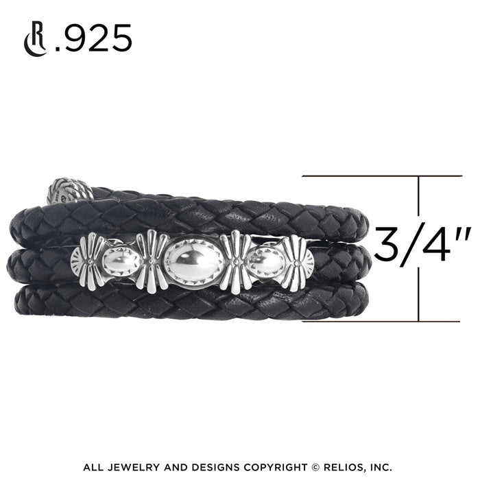 Sterling Silver Black Braided Leather Coil Wrap Bracelet One Size Fits Most