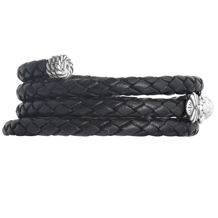 Sterling Silver Black Braided Leather Coil Wrap Bracelet One Size Fits Most