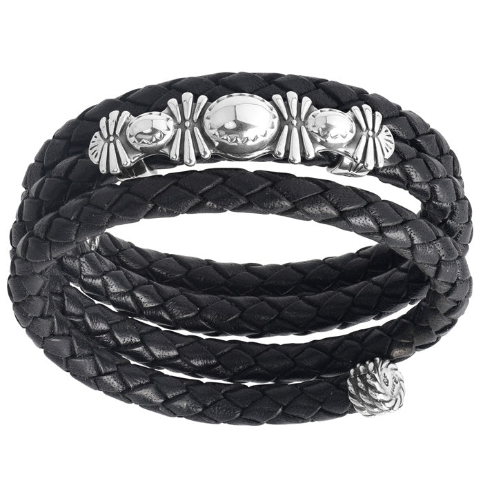 Sterling Silver Black Braided Leather Coil Wrap Bracelet One Size Fits Most