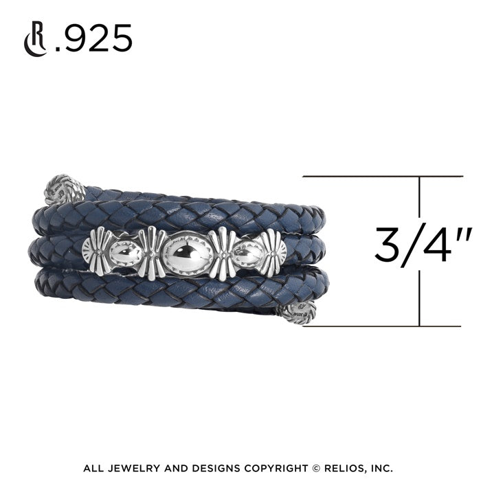 Sterling Silver Blue Braided Leather Coil Wrap Bracelet One Size Fits Most