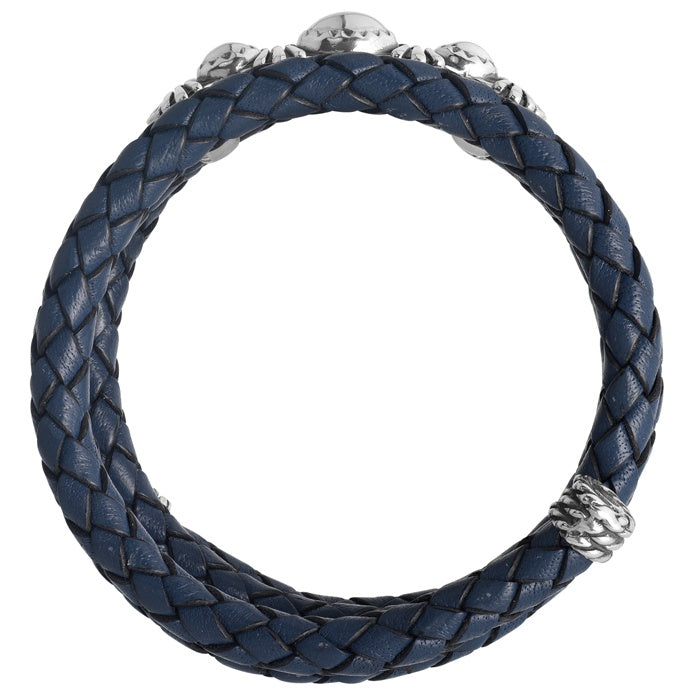 Sterling Silver Blue Braided Leather Coil Wrap Bracelet One Size Fits Most