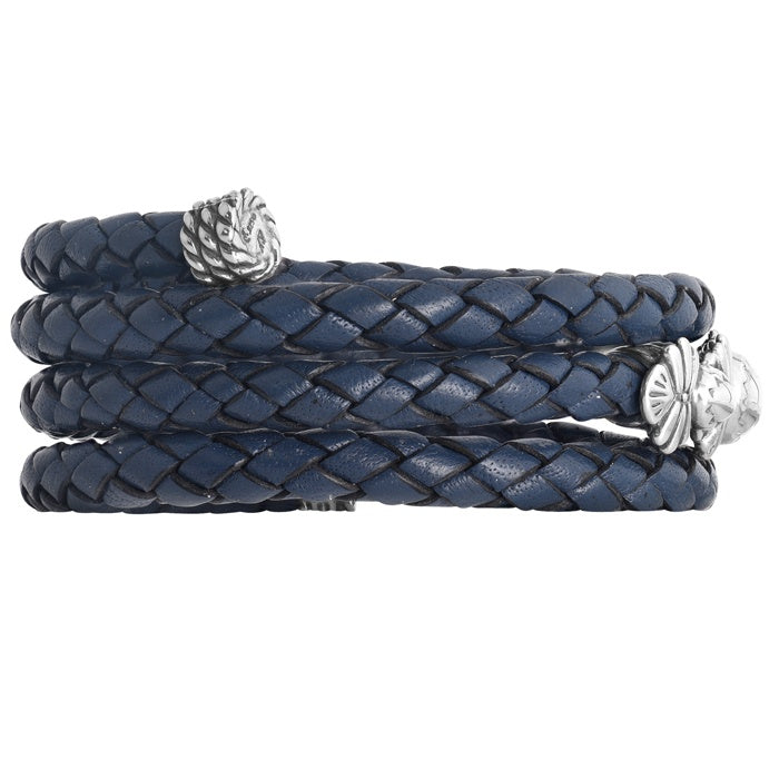 Sterling Silver Blue Braided Leather Coil Wrap Bracelet One Size Fits Most