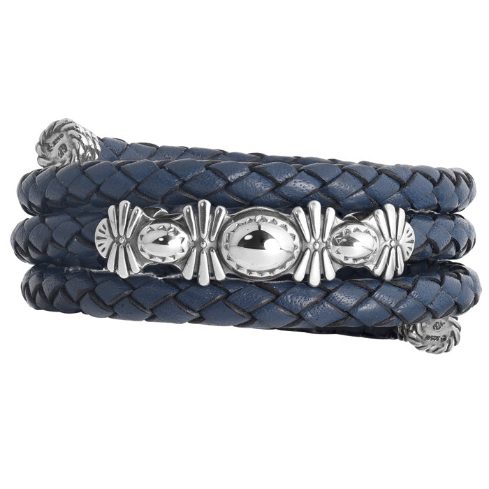 Sterling Silver Blue Braided Leather Coil Wrap Bracelet One Size Fits Most