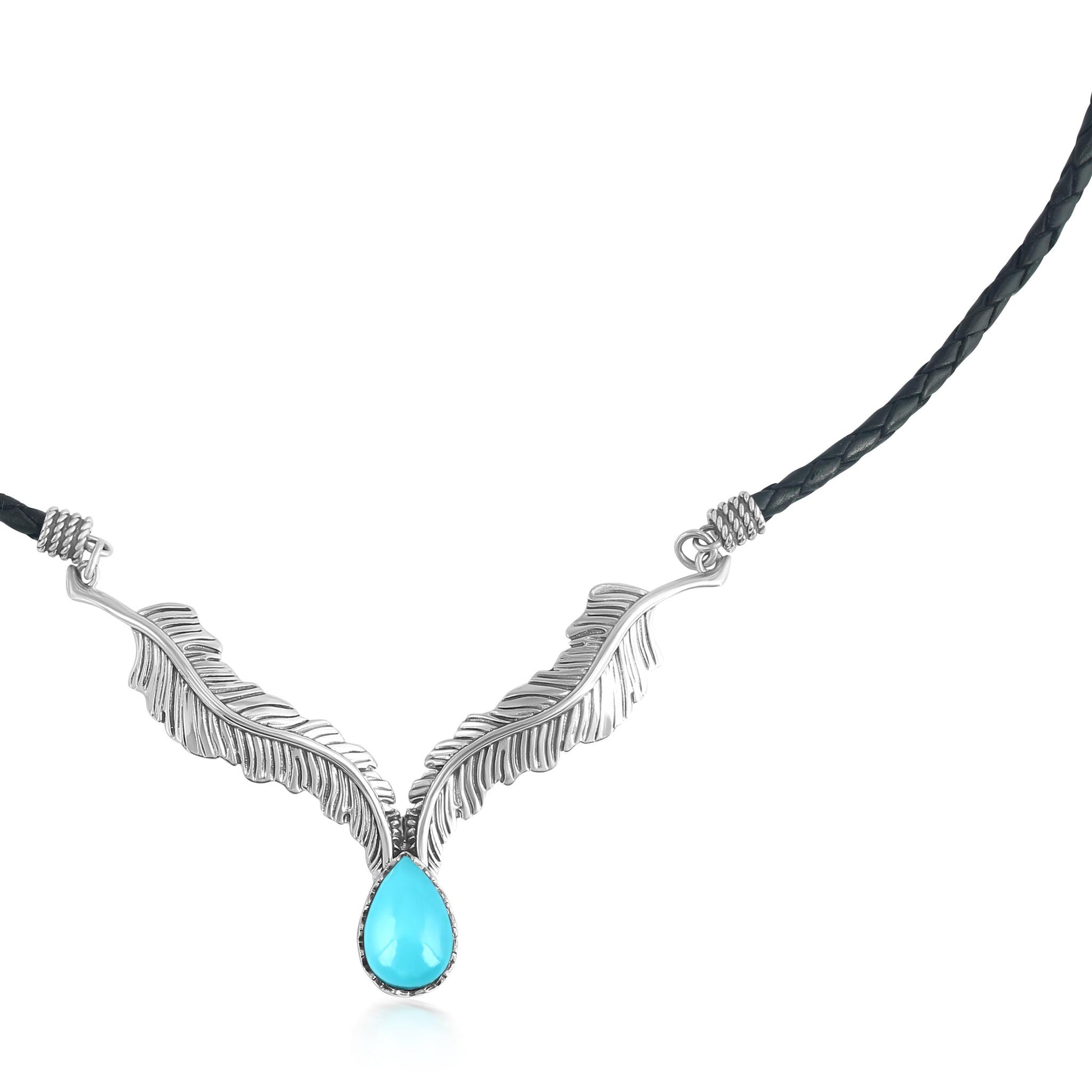 LIMITED EDITION! Sterling Silver Sleeping Beauty Turquoise Black Leather Feather Design Necklace