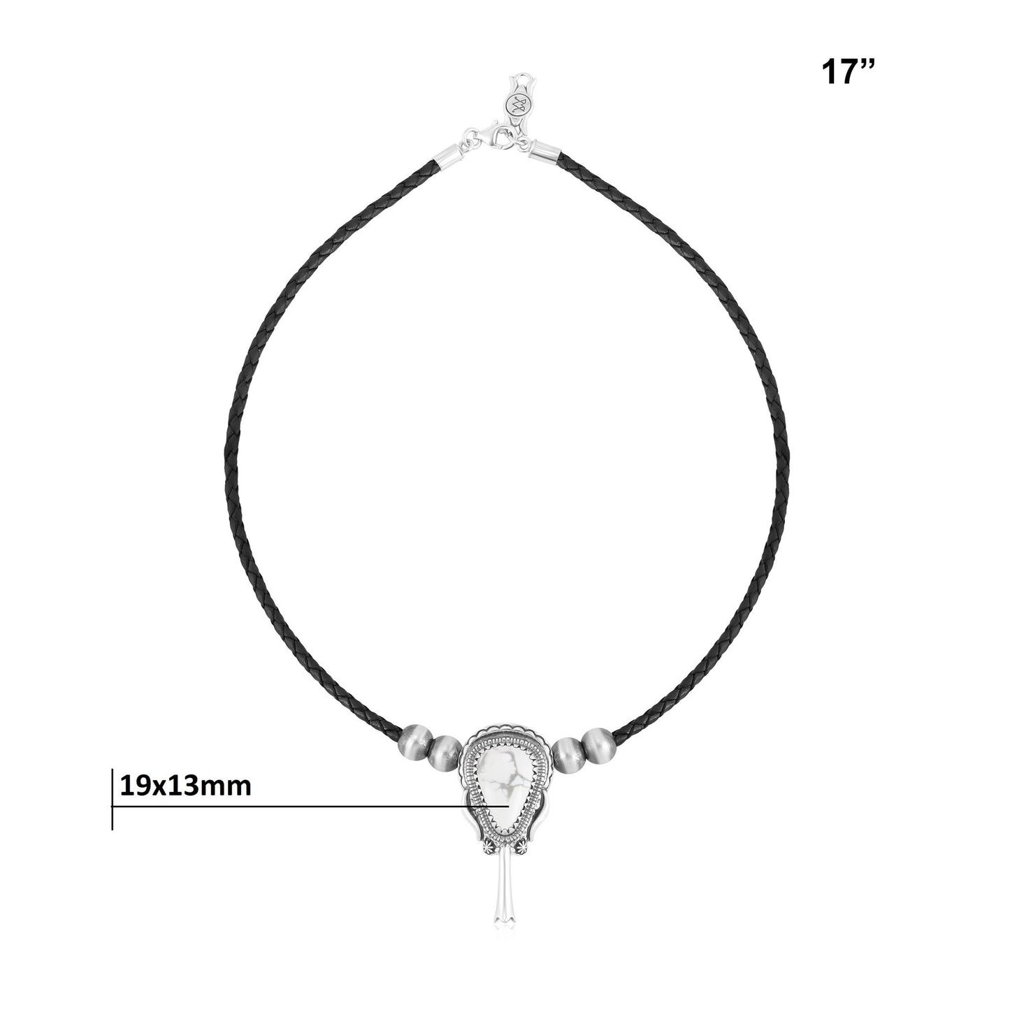 Sterling Silver White Howlite Black Leather Squash Blossom Necklace