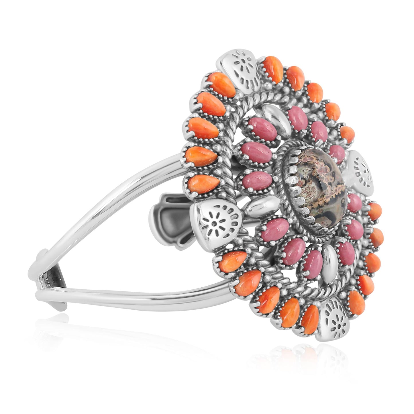 Sterling Silver Leopard Jasper, Orange Spiny Oyster and Rhodonite Oval Floral Cluster Cuff Bracelet