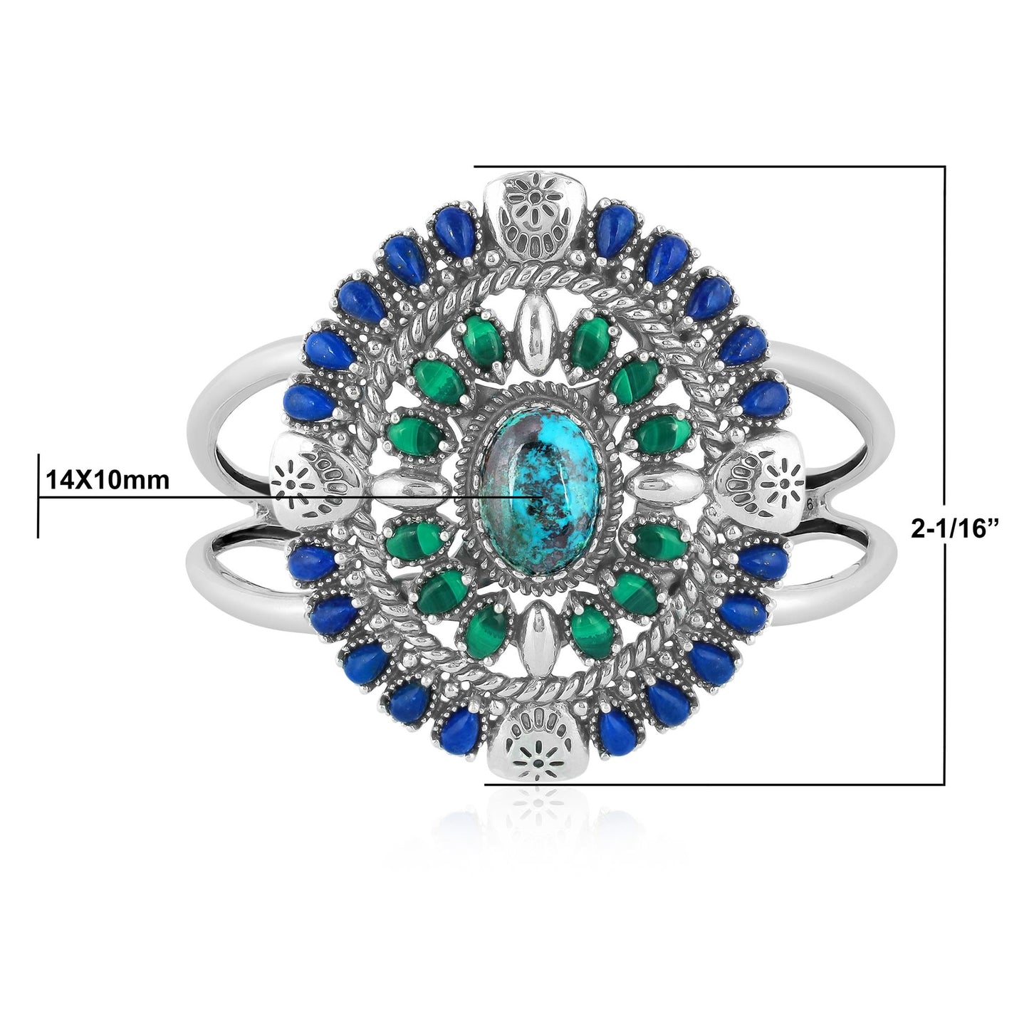Sterling Silver Chrysocolla Lapis and Malachite Oval Floral Cluster Cuff Bracelet