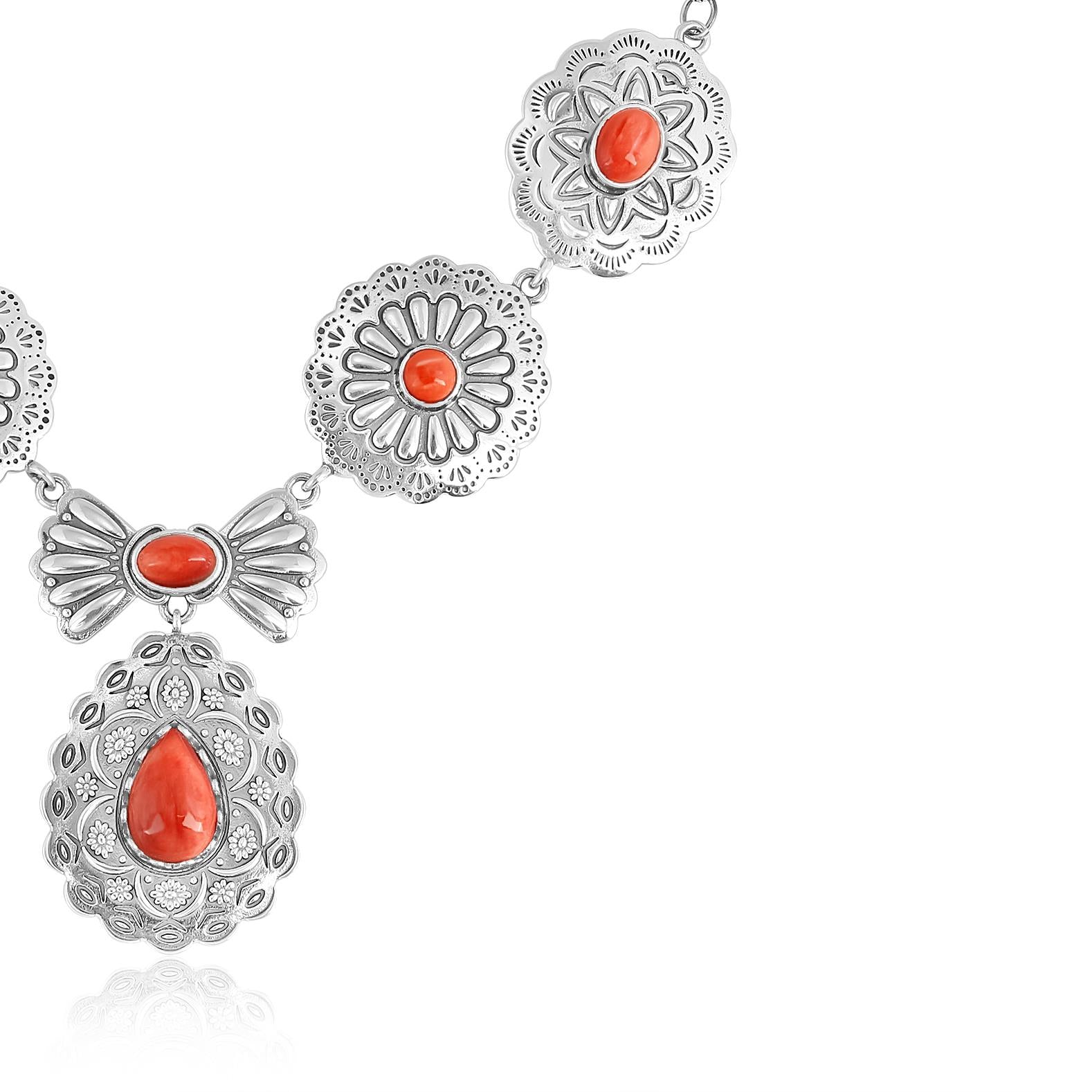 Sterling Silver Red Spiny Oyster Concha Statement Necklace