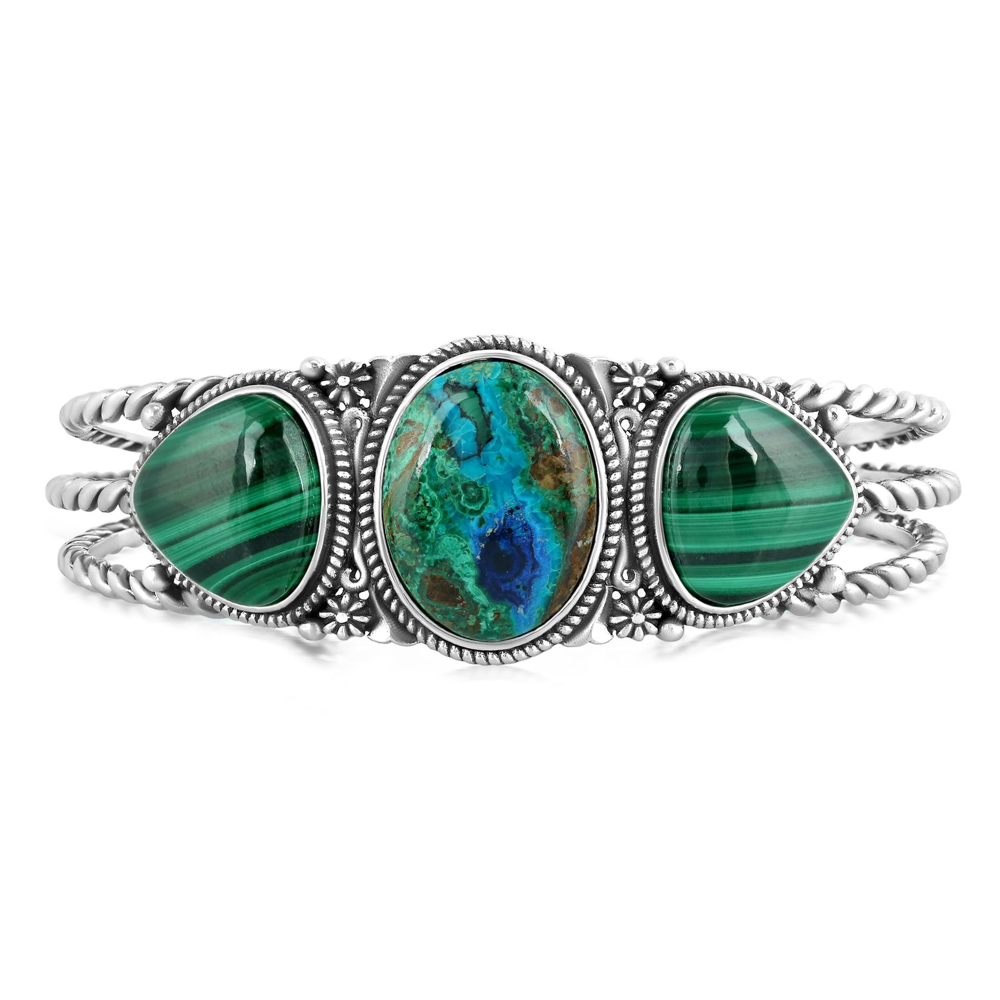 Sterling Silver Azurite and Malachite Trillion Cuff Bracelet