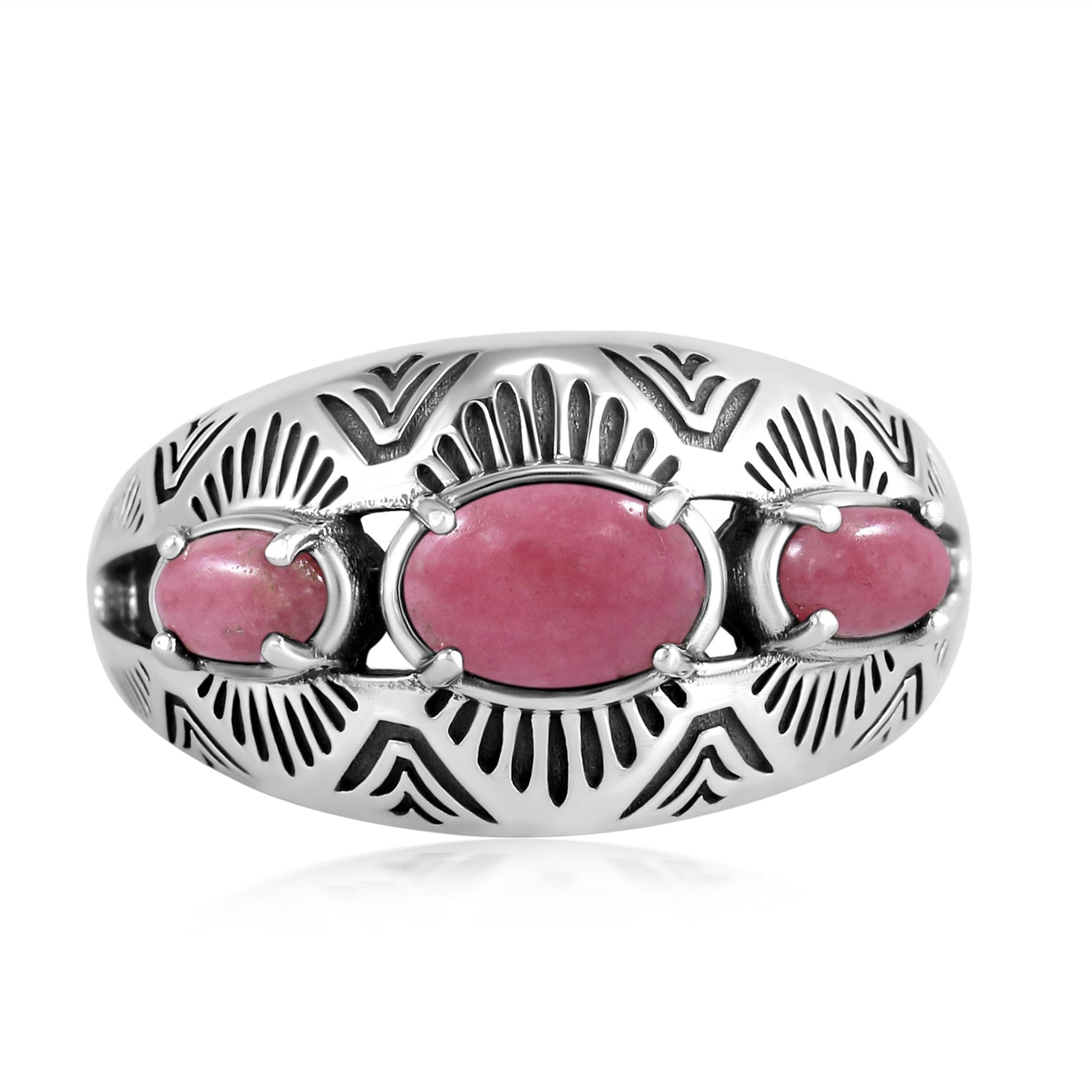 Sterling Silver Rhodonite 3-Stone Oval Band Ring