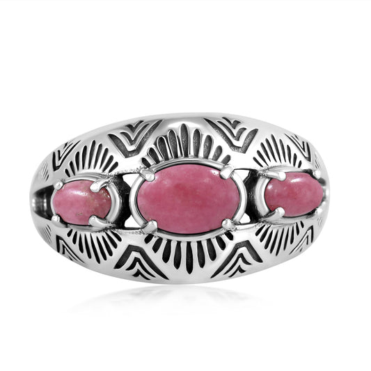 Sterling Silver Rhodonite 3-Stone Oval Band Ring