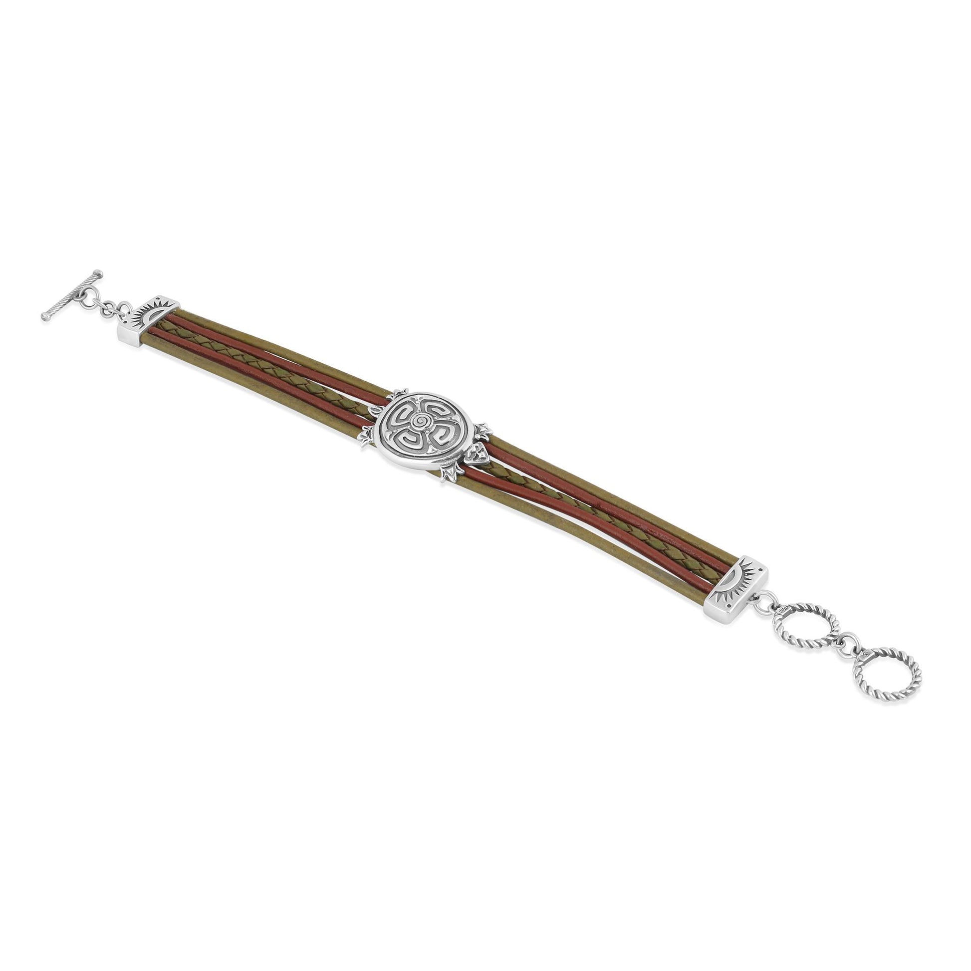 Sterling Silver Turtle Design Multicolored Brown Leather Toggle Bracelet