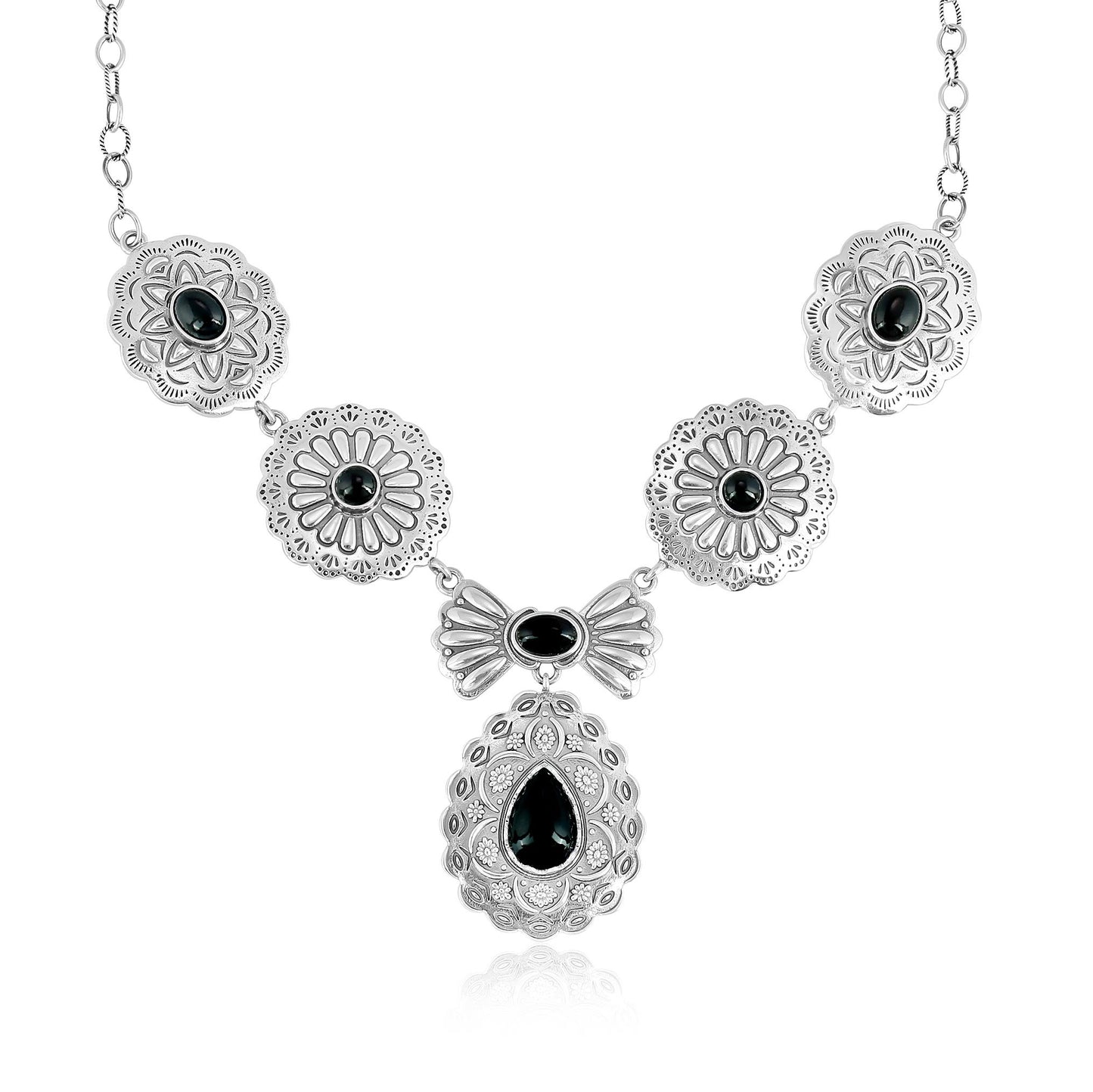 Sterling Silver Black Agate Concha Statement Necklace