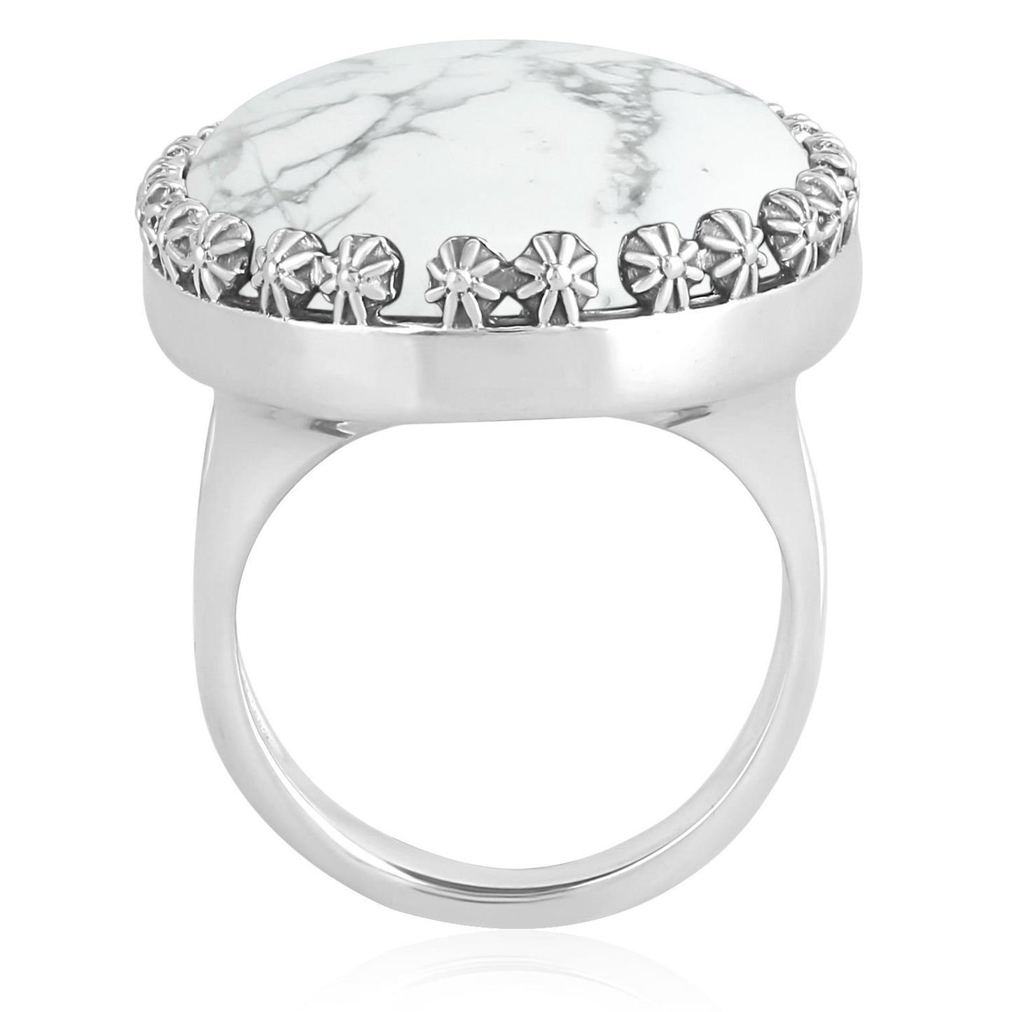 Sterling Silver White Howlite Concha Flower Border Oval Cut Ring