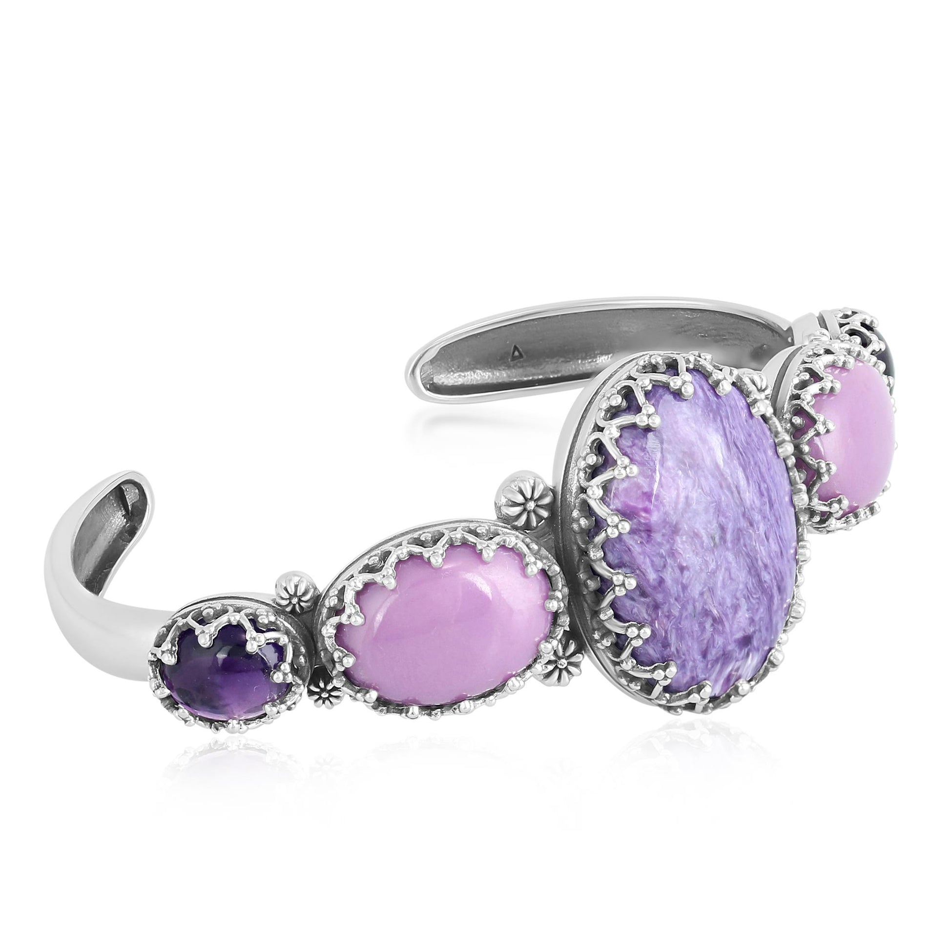 Sterling Silver Denim Charoite, Phosphosiderite and Amethyst Crown Detail Cuff Bracelet