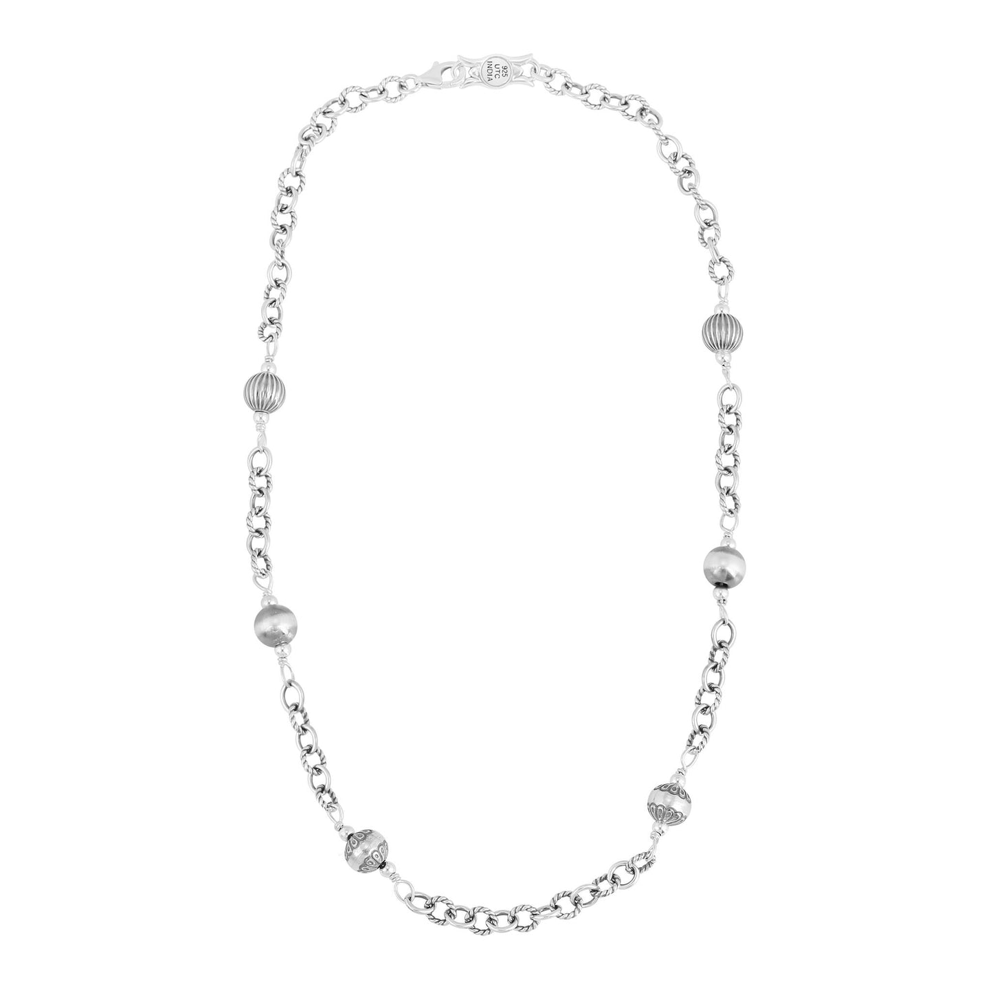Sterling Silver Bead and Textured Oval Necklace