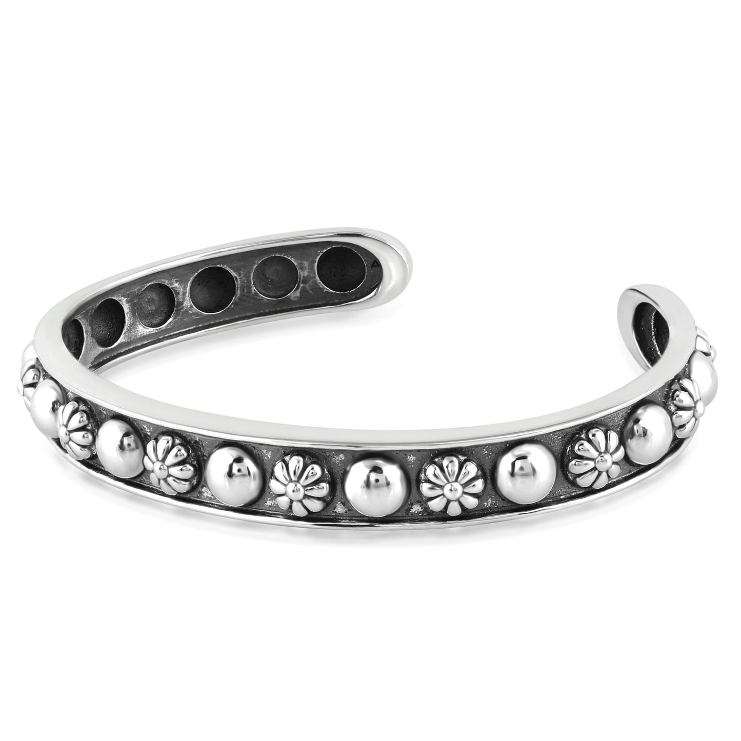 Sterling Silver Concha Flower and Bead Narrow Cuff Bracelet