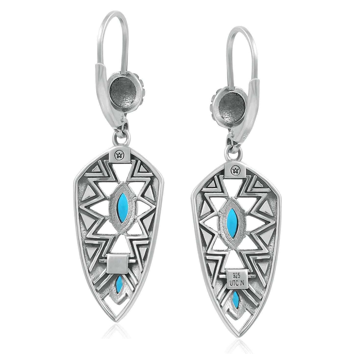 Sterling Silver Marquise Kingman Turquoise Patterned Lever Back Earrings