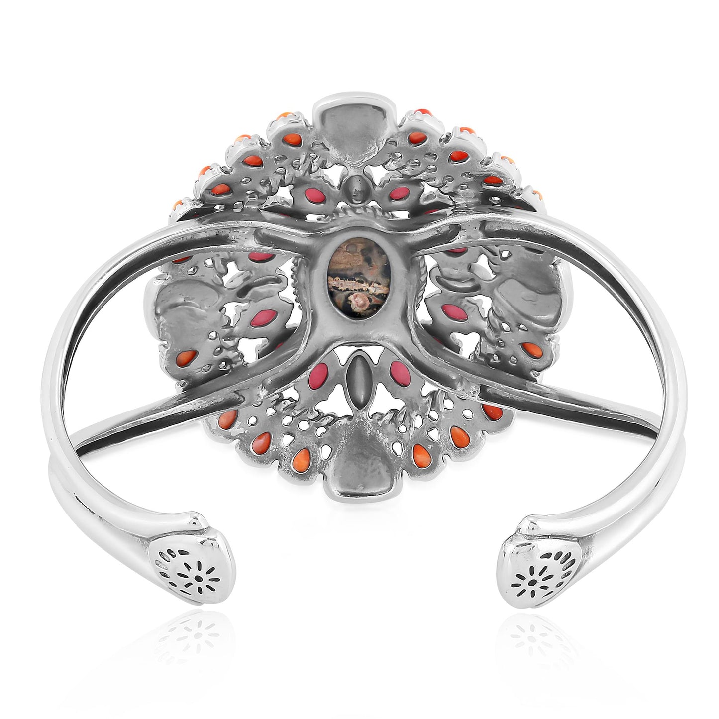 Sterling Silver Leopard Jasper, Orange Spiny Oyster and Rhodonite Oval Floral Cluster Cuff Bracelet