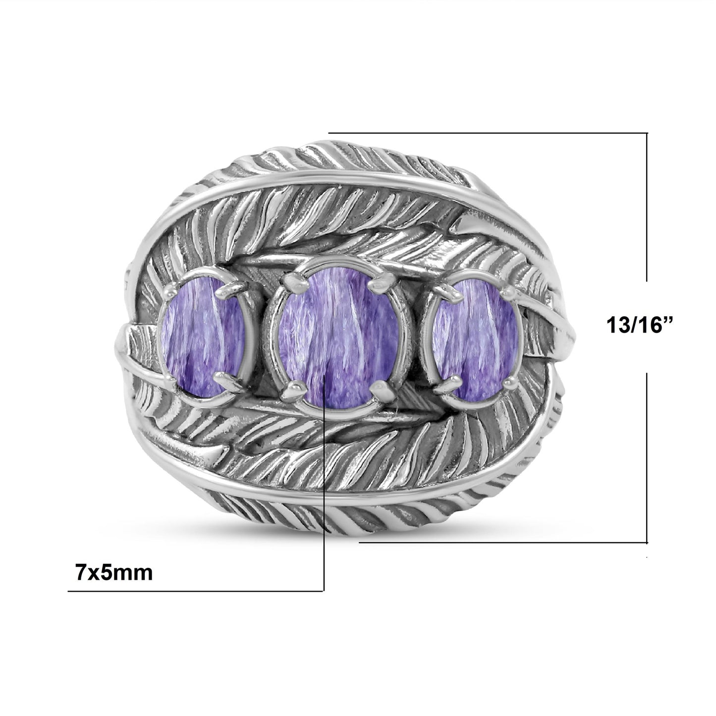 Sterling Silver Charoite Three-Stone Oval Cut Feather Ring