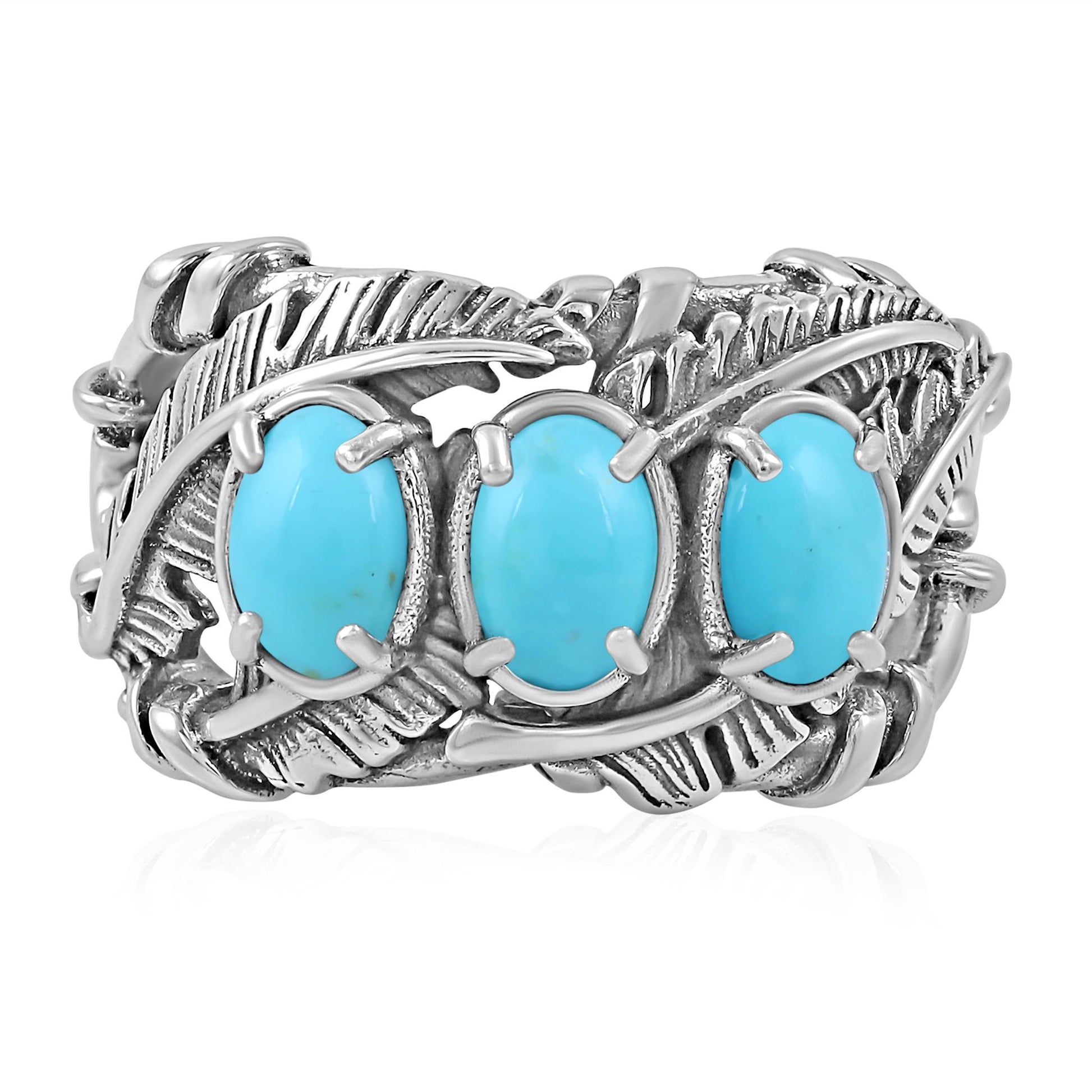 Sterling Silver Kingman Turquoise Three Stone Feather Ring